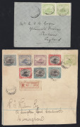 PAPUA - Postal History: 1909-20s selection including 1909 to England with Small 'Papua' 2d, 1910 to England with Small 'PAPUA' 1d (2, one defective) 1911 to England with Large 'PAPUA' 2d, 1917 OHMS to Java with Surcharges set, 1918 large piece from regist - 2