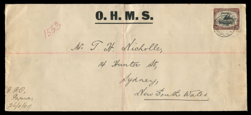 PAPUA - Postal History: 1909 (Nov. 27) OHMS registered cover (275x120mm) to Sydney dealer T.H. Nicolle with rare solo franking of Small 'Papua' 2/6d SG.37 tied by PORT MORESBY datestamp, manuscript "1553" registration marking, on reverse REGISTERED BRISBA