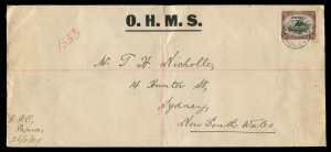 PAPUA - Postal History: 1909 (Nov. 27) OHMS registered cover (275x120mm) to Sydney dealer T.H. Nicolle with rare solo franking of Small 'Papua' 2/6d SG.37 tied by PORT MORESBY datestamp, manuscript "1553" registration marking, on reverse REGISTERED BRISBA