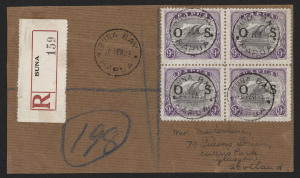 PAPUA - Postal History: 1911-35 official items (9) including Perf.OS 1911 with Large 'PAPUA' 1d (another stamp missing, address excised), 1931 to USA with Bicolours 3d (SG.O50, rare on cover), 1932 OHMS label with Monocolours ½d pair, 1932 registered with Monocolours 2½d pair (one damaged) & 2d, 1933 to England with Monocolours 1/- solo (corner fault), 1935 with Bicolours 2d; Optd 'OS' Bicolours 1931 with ½d & 1½d, 1934 registered with 6d, plus 1933 Buna Bay registered parcel piece with 9d block