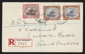 PAPUA - Postal History: 1920s-30s registered covers (16) with attractive Bicolour multiple frankings including 1928 Bwagoaia to Scotland with Samarai transit backstamp, 1929 Port Moresby to Melbourne large envelope with 4d & 2d (2), 1930 Ackland cover with Type 9 PORT MORESBY datestamp in red tying adhesives, 1931 to South Australia with 2d & 1½d pair (left-hand unit 'POSTACE' flaw); also 2/6d solo on Wilson cover, Iremonger covers (3) from From Buna Bay, Daru or Port Moresby,