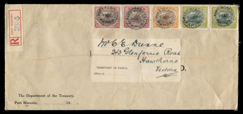 PAPUA - Postal History: 1921 (Aug.16) Department of Treasury registered cover to Hawthorn (Vic) with Bicolours ½d pair, 2d (2) & 4d cancelled with PORT MORESBY '16AU21' datestamp, black/red registration label, Territory of Papua address label, on reverse