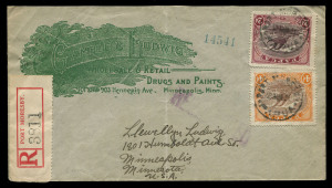 PAPUA - Postal History: 1921 (Aug) Gamble & Ludwig (Drugs & Paints, Minneapolis) advertising cover to USA with Bicolours 2d & 4d tied by PORT MORESBY datestamps, red/white registration label, on reverse SYDNEY & SAN FRANCISCO transits and MINNEAPOLIS arrival datestamps, cover with central fold clear of the adhesives and a few pinholes. Attractive and unusual.