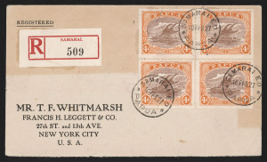 PAPUA - Postal History: 1927-39 covers (5) with Bicolour multiple frankings including Harrison &frac12;d imprint block of 6 on OHMS Treasury cover to USA, Ash &frac12;d block of 4 on Burns Philp cover from Kokoda to Sydney, Ash 2d blocks of 4 (2) on Samarai registered 