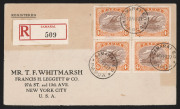 PAPUA - Postal History: 1927-39 covers (5) with Bicolour multiple frankings including Harrison ½d imprint block of 6 on OHMS Treasury cover to USA, Ash ½d block of 4 on Burns Philp cover from Kokoda to Sydney, Ash 2d blocks of 4 (2) on Samarai registered