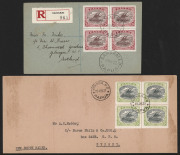 PAPUA - Postal History: 1927-39 covers (5) with Bicolour multiple frankings including Harrison &frac12;d imprint block of 6 on OHMS Treasury cover to USA, Ash &frac12;d block of 4 on Burns Philp cover from Kokoda to Sydney, Ash 2d blocks of 4 (2) on Samarai registered - 3