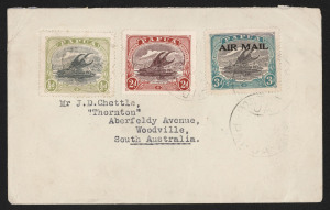 PAPUA - Postal History: 1930-37 AIR MAIL overprinted adhesives on covers (9) with five Ware covers comprising Cooke 3d SG.112 (4) on two covers to England in combination with other Bicolours and Ash 3d SG.114 (9) on three registered covers; also Ash 3d SG.114 strip of 4 on Port Moresby registered cover & Harrison 3d SG.113 solo to South Australia (rare on cover); also AIR MAIL aeroplane overprints 3d SG.118 on cover to Kokoda via Port Moresby, 6d SG.116 block of 4 on Port Moresby registered cove