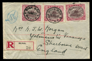 PAPUA - Postal History: 1932 (Mar.15) registered Morgan correspondence cover to England with Bicolours 2d pair and single tied by Lee Type 77 BUNA BAY datestamps, scarce BUNA red/black registration label, Sydney transit backstamp.