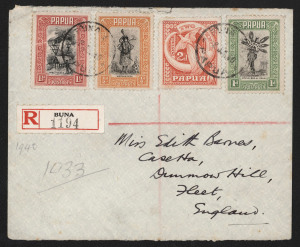 PAPUA - Postal History: 1932-40 Pictorial series issues on cover including 1932-34 Samarai registered (3) each with 5d frankings, 1933 parcel piece with 1/- solo and two-line 'REGISTERED/KOKODA,PAPUA' two-line handstamp, 1940 Buna Bay registered with BUNA red/black registration label & Lee Type 39 Samarai bacjkstamp (rated F); also Burns Philp 1932 Kokoda to Samarai and 1932 Samarai to USA, 1934 printed-matter rate to USA with ½d pair, 1942 inter-bank to Sydney with ½d McCracken (rare on cover)