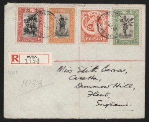 PAPUA - Postal History: 1932-40 Pictorial series issues on cover including 1932-34 Samarai registered (3) each with 5d frankings, 1933 parcel piece with 1/- solo and two-line 'REGISTERED/KOKODA,PAPUA' two-line handstamp, 1940 Buna Bay registered with BUNA