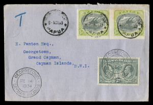 PAPUA - Postal History: 1933-34 underpaid Panton covers from Port Moresby or Daru each with Caymans Tercentenary 2d added in lieu of postage dues, the Port Moresby cover with Lee Type 102 'TAX' handstamp (Rated D); also inwards New Guinea covers from Kokopo or Namatanai with Tercentenary 1d or 2d added, the former with fine strike of Powell Type 16 (Rated D) & Type 17 datestamps, the latter with Type 77 datestamp (Rated C) and 'T'-in-octagon tax handstamp; all covers with Georgetown backstamps.