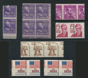 UNITED STATES OF AMERICA: 1938-75 misperforated selection comprising 1938 3c Prexie pair and block of 4, 1954 4c Lincoln pair, 1968 15c Holmes pair, 1975 13c Liberty Bell strip of 3, 1975 13c Flag/Independence Hall pairs (2), some spectacular misperforations, all MUH. (7 items)