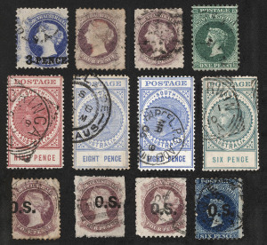 SOUTH AUSTRALIA: 1860s-1912 Well-Presented Collection with Rouletted 1/- yellow, perforated issues including surchages, Long Toms to 2/6d (2) & 10/- (fiscally used) incl. 1/- block of 4, good range of perfs/printings in the Middle/Late Period plus Officials to 2/- (2); condition variable, possible postmark interest. (few 100s)