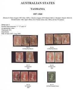TASMANIA: 1855-1912 Collection with Chalons incl. imperf Wmk Star 2d & 4d (2); Numeral Wmk 2d yellow-green with BN '10' cancel, 2d slate-green with slurred/double print, perforated range to 6d (11) & 1/- (6), Sidefaces to 5/- (fiscal) including 10d black mint, Tablets to 2/6d (2), range of Pictorials to 6d for various watemarks/printings, also revenues to £1 Tablet optd 'REVENUE' incl. George & Dragon to 10/- and Platypus types to 1/-; conditions of Chalons is very mixed,