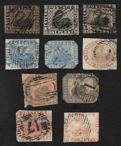 WESTERN AUSTRALIA: 1854-1912 Collection mostly used with imperf 1854-55 1d black (3), 4d (2, one cut-to-shape) & 1/-, Hillman 2d & 6d (both poor), 1860 6d sage-green (2), perforated 1861 6d (3), 1874 1d on 2d, 1885-93 set mint with shades, 1893 1d on 3d b