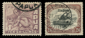 PAPUA: 1901-41 Used Collection with BNG ½d to 1/- (ex 2½d), Large 'Papua' 1d & 2d, Small 'Papua' Wmk Horizontal 2/6d (SG.37) & Wmk Vertical 6d, Monocolours to 2/6d (2, shades) plus 'OS' perfins to 1/- (ex 2½d), Bicolours to 5d with shades and 1½d 'POSTACE' flaw, etc, 1929-30 Airs & 1931 Surcharges, 1932-40 Pictorials ½d to 10/- (tiny thin) & £1 (some nibbed perfs) plus ½d McCracken printing, also 1937 Coronation & 1939 Air 2d to 1/- FDCs, Cat. £1200 (approx). (130, plus 2 covers)