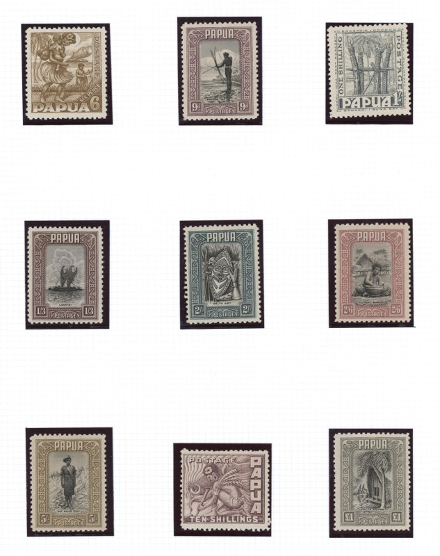 PAPUA: 1932-41 issues complete including 1932-40 Pictorials ½d to £1 set plus ½d McCracken printing corner block of 4 (MUH), fine mint with some stamps MUH, Cat. £700. (47)