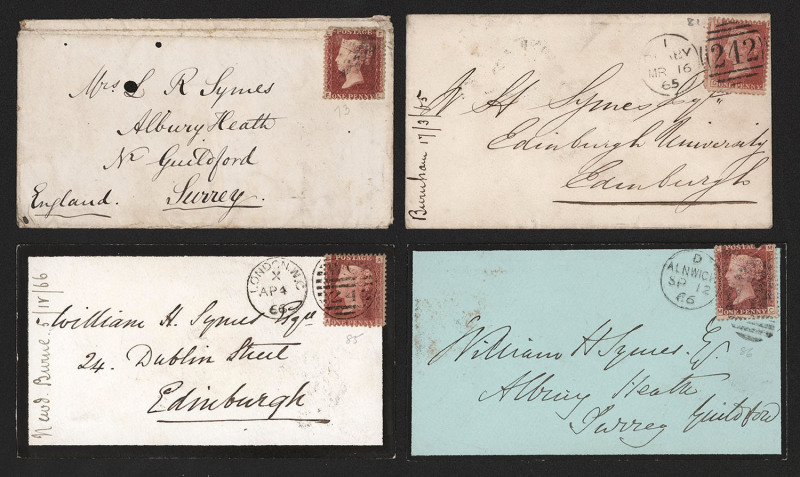 GREAT BRITAIN - Postal History: 1860s-70s 1d reds on cover in large red cover album, quite a few are to or from Guildford (Surrey), condition is rather mixed, possible postmark interest; album alone worth a fair proportion of the estimate. (65)