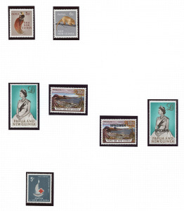 PAPUA NEW GUINEA: 1940s-1965 collection with 1952-65 issues largely complete mint and used with 1952 Pictorials MUH & used plus mounted 10/- & £1 optd 'SPECIMEN', 1963 10/- Map (MLH) & £1 Queen (MUH) optd 'SPECIMEN', 1964 10/- Bird optd 'SPECIMEN' (MLH); also 1960 6d on 7½d Postal Charges SG.D4 mint & 1958 Stamp Duty 1d on 6½d mint pair; plus a few 1940s Australian issues used in PNG including 1947 registered cover for re-opening of Kokoda Post Office.
