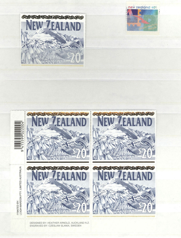 NEW ZEALAND: 1987 Birds Definitives mostly in Leigh Mardon imprint blocks of 6 MUH, values to $10 with various 'Kiwi' reprints, plus optd 'SPECIMEN' $1 to $10; range of other issues including $20 Glacier imprint block of 4 plus a single, few used oddments