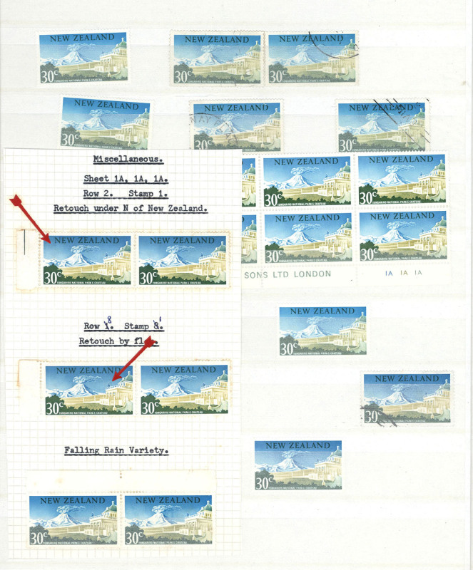 NEW ZEALAND: 1953-70s mint accummulation in two stockbooks with QEII pre-decimal commemoratives plate and imprint multiples plus some varieties; decimals with 1967 Definitives plate and imprint multiples to $2 magenta Geyser imprint block of 6 & $2 multic