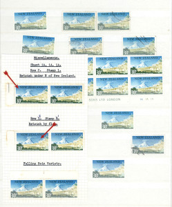 NEW ZEALAND: 1953-70s mint accummulation in two stockbooks with QEII pre-decimal commemoratives plate and imprint multiples plus some varieties; decimals with 1967 Definitives plate and imprint multiples to $2 magenta Geyser imprint block of 6 & $2 multicoloured Geyser Plate A block of 4 both MUH, scads of ½c to 3c Flowers multiples with annotated varieties, plus counter coils pairs to 20c & booklet panes; generally very fine with high proportion being MUH. Should reward specialist inspection. (