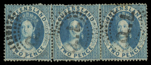 QUEENSLAND: 1860-1911 Collection with 1860 Clean-cut Perf 14-16 Large Star 1d carmine-rose (trimmed perfs) & 2d blue strip of 3 (rare mulitple, Cat. £330+) & 6d, 1860-61 Rough Perf (6d) Registered (2, one unused) & 1/- violet, good range of later Small Chalons to 20/- (2, one optd 'SPECIMEN') noting a few mulltiples, Large Chalons to £1 (7) including 2/6d optd 'SPECIMEN', 1880 ½d on 1d (pen cancel), Sidefaces with mint 1887-89 2/- deep brown & 2/- pale brown, 1890 2½d carmine strip of 4