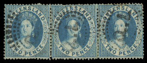 QUEENSLAND: 1860-1911 Collection with 1860 Clean-cut Perf 14-16 Large Star 1d carmine-rose (trimmed perfs) & 2d blue strip of 3 (rare mulitple, Cat. £330+) & 6d, 1860-61 Rough Perf (6d) Registered (2, one unused) & 1/- violet, good range of later Small Ch