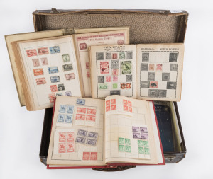 REST OF THE WORLD - General & Miscellaneous Lots: World array in small suitcase mostly in "junior" albums with isolated pickings including Australia with KGV Head to 1/4d and mint 1930s Plate number blocks, NZ 1906-07 "3" & "5" Exhibition labels; also Australian States with revenues, France/French Community, GB, etc, plus a loose stamps in tins and a few covers; mixed condition but certainly worth a look.