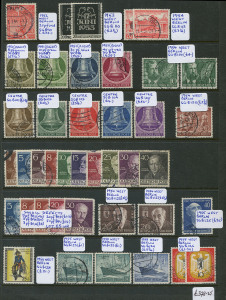 GERMANY: 1936-1960s mint & used selection on Hagners with better items incl. 1936 Brown Ribbon M/Ss (7, all with "cleaned" tonespots), 1937 Hitler M/S perforated and rouletted, West Germany 1949 Stamp Centenary mint, 30pf UPU used (2), 1951 Philatelic Exhibtion mint, 1951 Youth Hostel used (2 sets), 1954 Heuss to 3Dm mint (ex 3 values incl 50pf slate-black), West Berlin 1949-54 Building 1pf to 5dm used set, 1951 Bell (clapper at right) set used (ex 20pf),