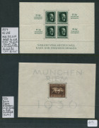 GERMANY: 1936-1960s mint & used selection on Hagners with better items incl. 1936 Brown Ribbon M/Ss (7, all with "cleaned" tonespots), 1937 Hitler M/S perforated and rouletted, West Germany 1949 Stamp Centenary mint, 30pf UPU used (2), 1951 Philatelic Exh - 4