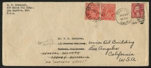 31 May 1928 (AAMC.122) USA - Australia cover flown by Charles Kingsford Smith, Charles Ulm, James Warner & Harry Lyon in the Fokker FV11B-3M 'Southern Cross' on the first crossing of the Pacific by air franked with USA Washington 2c tied 'OAKLAND/MAY29/ CALIF/1928' duplex cancel and Australia KGV 1½d x2 tied 'SYDNEY-39/14JE28/NSW' arrival cds alongside, plus enclosed Union Oil Company of California letter stating "... carried to Australia ... on the first trans-Pacific flight