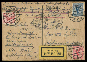 AUSTRALIA - Inwards Mail to Australasia Accelerated by Air Transit: 1927 (May 18) postcard (creases) from Schneidemühl Germany to Sydney bearing Airmail 10pf x2 and 20pf, endorsed for transmission via Constantinople, Bombay and Netherlands Indies, the 40pf franking representing 25pf UPU rate plus 15pf Berlin-Vienna airmail surcharge. The earliest recorded postcard Europe to Australia accelerated by an airmail service. [The reduced UPU rate of 15pf for postcards was not introduced until Aug. 1