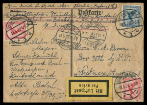 AUSTRALIA - Inwards Mail to Australasia Accelerated by Air Transit: 1927 (May 18) postcard (creases) from SchneidemÃ¼hl Germany to Sydney bearing Airmail 10pf x2 and 20pf, endorsed for transmission via Constantinople, Bombay and Netherlands Indies, the 40