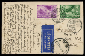AUSTRALIA - Commercial Airmail Inwards to Australasia: Hungary: 1937 (Apr.19) postcard from Budapest to Perth bearing 1936 Air 60f and 1p paying UPU 20f postcard rate plus airmail surcharge 1p40, Perth arrival (which ties 'PAR AVION' etiquette). Early and rare airmail postcard.