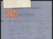 QUEENSLAND - Revenues: Stamp Duty - 1870-72 Brisbane Gas Company share transfer certificates (4) all with Stamp Duty issues attached comprising 1870 with Large Format 10/- & 2/6d (damaged), 1870 with Large Format 5/- yellow pair, 1872 with Large Format 2 - 2