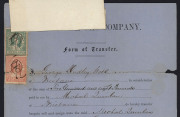 QUEENSLAND - Revenues: Stamp Duty - 1870-72 Brisbane Gas Company share transfer certificates (4) all with Stamp Duty issues attached comprising 1870 with Large Format 10/- & 2/6d (damaged), 1870 with Large Format 5/- yellow pair, 1872 with Large Format 2 - 4