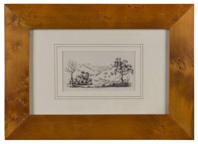 WILLIAM WYATT [Australian, 1838 - 1872] Somewhere in the Hills 1862, ink wash on woven paper, 90mm x 160mm, signed and dated lower right, titled by the artist below the image.