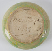 MERRIC BOYD rare pottery lidded circular box with applied quandong seed, leaves and branch, incised "Merric Boyd, 1935", 7cm high, 9cm diameter - 2