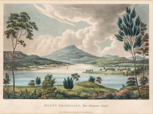 JOSEPH LYCETT [1774 -1828], Mount Dromedary, Van Diemens Land, hand coloured aquatint from “Views in Australia or New South Wales and Van Diemen's Land Delineated...”, Published London, J. Souter, 1825, 17.5 x 27cm.