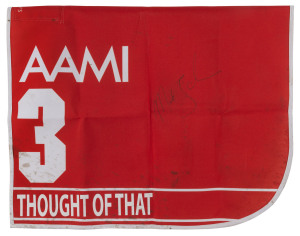 AAMI VICTORIA DERBY 2019, Horse No.3 (Barrier 1), THOUGHT OF THAT, Jockey: M. Zahra, The unique number 3 saddlecloth, signed by Mark Zahra, accompanied by a letter of authenticity and limitation signed by Neil Wilson, CEO, Victoria Racing Club, Limited and the official AAMI Victoria Derby Day Racebook.