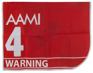 AAMI VICTORIA DERBY 2019, Horse No.4 (Barrier 10), WARNING, Jockey: D. Oliver, The unique number 4 saddlecloth, signed by Damien Oliver, accompanied by a letter of authenticity and limitation signed by Neil Wilson, CEO, Victoria Racing Club, Limited and the official AAMI Victoria Derby Day Racebook.