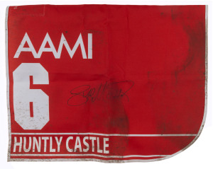 AAMI VICTORIA DERBY 2019, Horse No.6 (Barrier 12), HUNTLY CASTLE, Jockey: J. McNeil, The unique number 6 saddlecloth, signed by Jye McNeil, accompanied by a letter of authenticity and limitation signed by Neil Wilson, CEO, Victoria Racing Club, Limited and the official AAMI Victoria Derby Day Racebook.