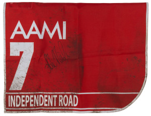 AAMI VICTORIA DERBY 2019, Horse No.7 (Barrier 6), INDEPENDENT ROAD, Jockey: L. Nolen, The unique number 7 saddlecloth, signed by Luke Nolen, accompanied by a letter of authenticity and limitation signed by Neil Wilson, CEO, Victoria Racing Club, Limited and the official AAMI Victoria Derby Day Racebook.