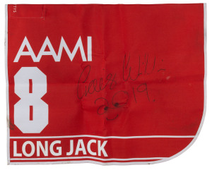 AAMI VICTORIA DERBY 2019 Horse No.8 (Barrier 15), LONG JACK, Jockey: Craig Williams, The unique number 8 saddlecloth, signed by Craig Williams, accompanied by a letter of authenticity and limitation signed by Neil Wilson, CEO, Victoria Racing Club, Limited and the official AAMI Victoria Derby Day Racebook.