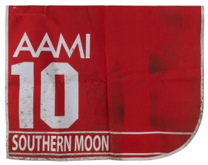 AAMI VICTORIA DERBY 2019 Horse No.10 (Barrier 7), SOUTHERN MOON, Jockey: Billy Egan, The unique number 10 saddlecloth, signed by Billy Egan, accompanied by a letter of authenticity and limitation signed by Neil Wilson, CEO, Victoria Racing Club, Limited and the official AAMI Victoria Derby Day Racebook.