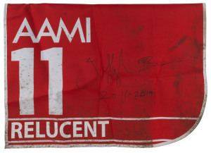 AAMI VICTORIA DERBY 2019 Horse No.11 (Barrier 4), RELUCENT, Jockey: Hugh Bowman, The unique number 4 saddlecloth, signed by Hugh Bowman, accompanied by a letter of authenticity and limitation signed by Neil Wilson, CEO, Victoria Racing Club, Limited and t