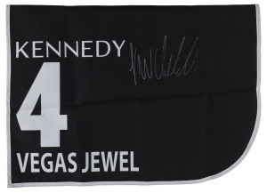 KENNEDY OAKS 2019 Horse No.4 (Barrier 14), VEGAS JEWEL, Jockey: Jordan Childs, The unique number 4 saddlecloth, signed by Jordan Childs accompanied by a letter of authenticity and limitation signed by Neil Wilson, CEO, Victoria Racing Club, Limited and the official Kennedy Oaks Day Racebook.
