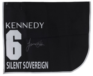 KENNEDY OAKS 2019 Horse No.6 (Barrier 6), SILENT SOVEREIGN, Jockey: Jamie Kah, The unique number 6 saddlecloth, signed by Jamie Kah accompanied by a letter of authenticity and limitation signed by Neil Wilson, CEO, Victoria Racing Club, Limited and the official Kennedy Oaks Day Racebook.