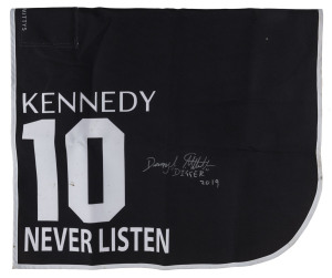 KENNEDY OAKS 2019 Horse No.10 (Barrier 5), NEVER LISTEN, Jockey: Darryl McLellan, The unique number 10 saddlecloth, signed by Darryl McLellan accompanied by a letter of authenticity and limitation signed by Neil Wilson, CEO, Victoria Racing Club, Limited and the official Kennedy Oaks Day Racebook.
